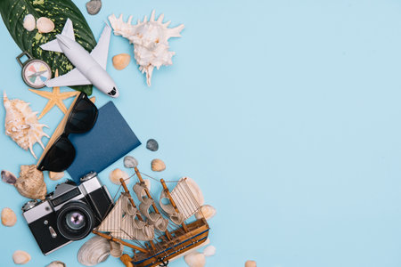 Preparation for Traveling concept, watch, airplane, money, passport, pencils, book, Photo frame,...