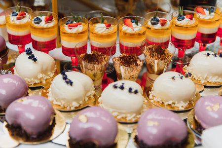 desserts with fruits, mousse, biscuits. Different types of sweet pastries, small colorful sweet cakes, macarons, and other desserts in the sweet buffet. candy bar for birthdayの写真素材