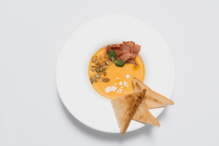 Pumpkin cream soup. White ceramic bowl with fresh pumpkin, dry pumpkin seeds, smoked bacon on a white backgroundの写真素材