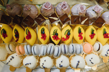 Delicious sweets on wedding candy buffet with desserts, cupcakes,tiramisu and cookies