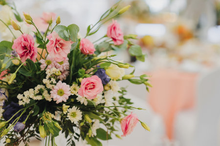 Floral wedding decoration. Wedding table setting decorated with fresh flowers. wedding floristry....