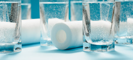 Glasses of dirty and clear water and filter cartridges to domestic water treatment systems on bright...