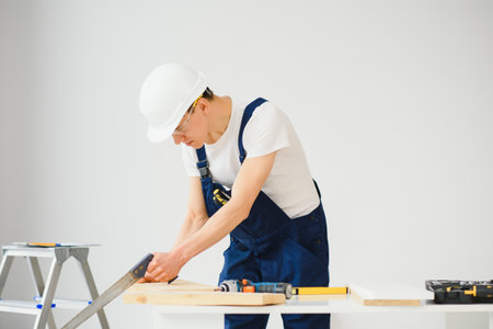 carpenter sawing white board during apartment renovating