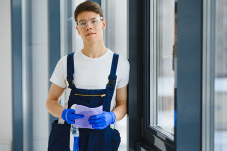 Handyman cleaning the window and smiling in a new houseの写真素材