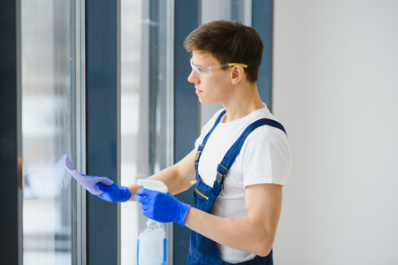 Cleaning service came to clean new house. Hardworking man carefully clean window. side viewの写真素材