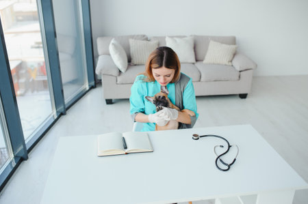 cheerful young veterinary taking care and examining a beautiful pet dog french bulldogの写真素材