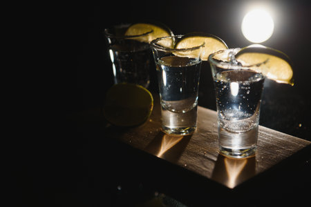 Tequila shot with lime. selective focusの写真素材