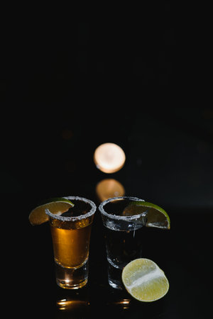 Tasty alcohol drink cocktail tequila with lime and salt on vibrant dark background. closeup.の写真素材