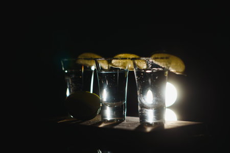 Tequila with lime and salt on black background