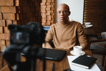 African-American entrepreneur wearing shirt with rolled up sleeves looking through window with thoughtful and serious face expression, feeling nervous before meeting with business partners at cafeの写真素材