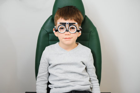 Cheerful child boy in glasses checks eye vision pediatric ophthalmologist.