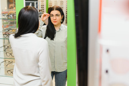 woman trying on optical glasses in eyewear store