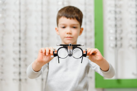 Boy with trial frame. Kid patient to check vision in ophthalmological clinic.の写真素材