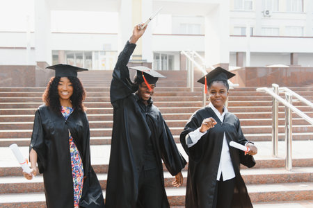 education, graduation and people concept - group of happy international students in mortar boards and bachelor gowns with diplomasの写真素材