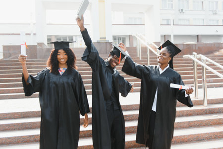 education, graduation and people concept - group of happy international students in mortar boards and bachelor gowns with diplomasの写真素材
