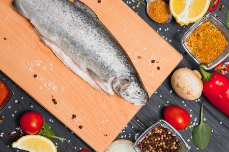 fresh trout with spices and seasonings top view, flat layの写真素材