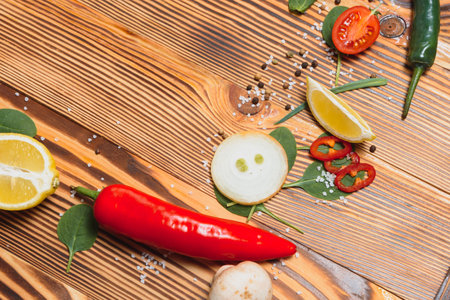 Cooking table. background with spices and vegetables. top view. Free space for your text.の写真素材