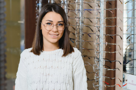 Woman chooses glasses in the store. Brunette in a White sweater buys glasses. Girl on a background...
