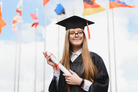 Educational theme: graduating student girl in an academic gown.の写真素材