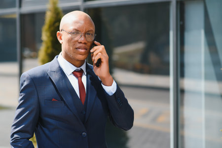business communications. Cheerful Afro Businessman Having Phone Conversation In City Center. copy spaceの写真素材