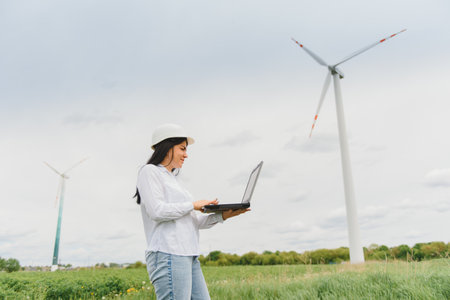 Environmental engineer with a laptop at wind farmの写真素材