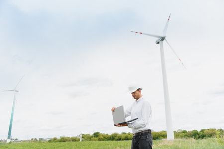 Engineering man using laptop to checking wind turbine generator of electricity at outdoor, blue sky and cloudy backgroundの写真素材