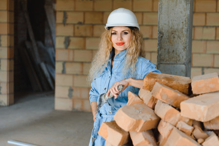 Attractive female construction worker in hardhat. Confident young specialist in checkered blue shirt in jeans standing in empty room. Interior design and renovation service.の写真素材