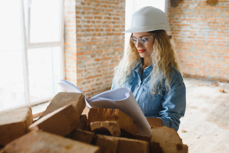 construction concept. Pretty female builder in overalls and helmets working on construction siteの写真素材