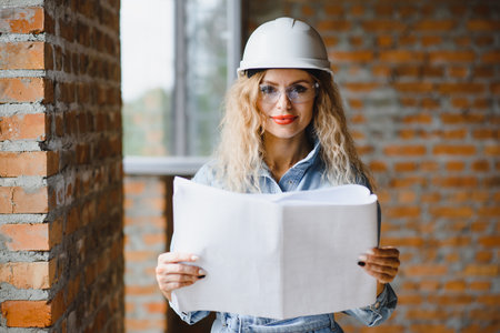 beautiful woman engineer is reviewing the plans of a construction work.の写真素材