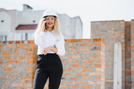 construction engineer. girl with construction documentation. A woman in a white hard hat against the...