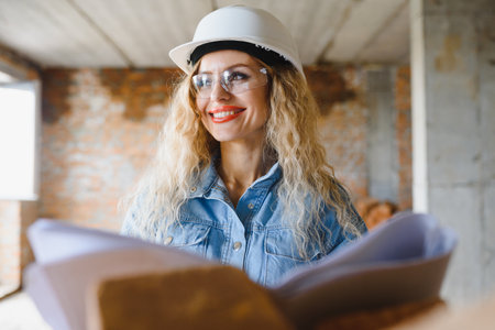 beautiful woman engineer is reviewing the plans of a construction work.