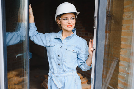 Warehouse woman worker. Woman builder in hardhat. Girl engineer or architect. home renovation. quality inspector. construction job occupation. construction worker. lady at construction site.の写真素材