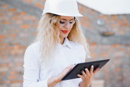 construction engineer. girl with construction documentation. A woman in a white hard hat against the roof of a building. Construction of a new house.の写真素材