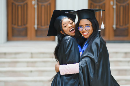 young graduates standing in front of university building on graduation dayの写真素材