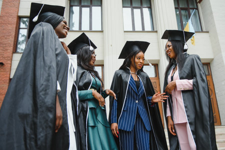 young graduates standing in front of university building on graduation day