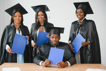 portrait of multiracial graduates holding diplomaの写真素材