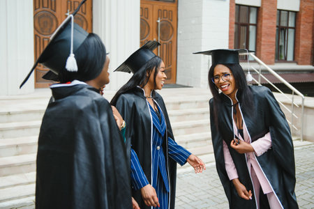 young graduates standing in front of university building on graduation dayの写真素材