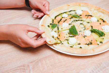 smoked salmon pizza isolated on white background - Italian food style