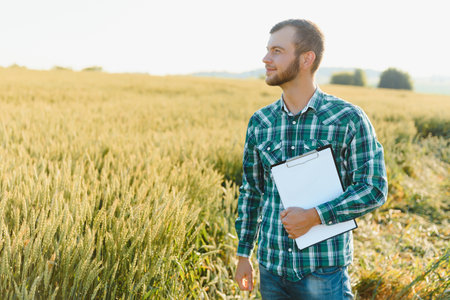 Happy young farmer or agronomist inspecting wheat plants in a field before the harvest. Checking seed development and looking for parasites with magnifying glass. Organic farming and food productionの写真素材