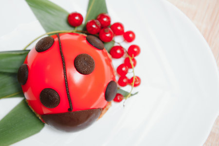 Design cake in the form of ladybug on a white backgroundの写真素材
