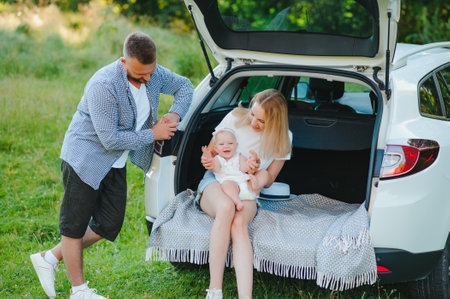 Young family three people in white clothes have a picnic. Beautiful parents and daughter travel by...