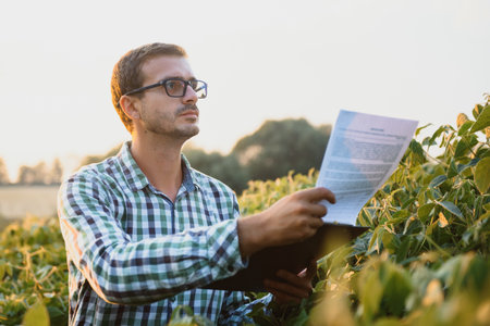 Farmer in soybean fields. Growth, outdoor.の写真素材