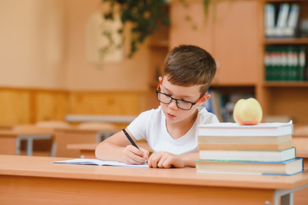 Concentrated schoolboy sitting at desk and writing in exercise book with classmate sitting behindの写真素材