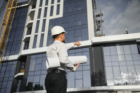Engineer next to building cranes. Concept - large construction project. Architect directs the...