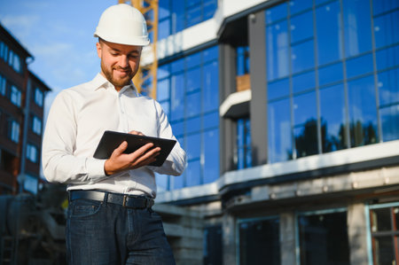 Engineer next to building cranes. Concept - large construction project. Architect directs the construction process. Drawings and tablets in the hands.の写真素材
