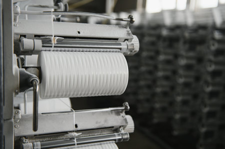 Coils of white flat polypropylene yarn for the production of industrial bags. circular loom woven...