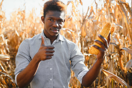 African farmer holding corn organic produce from farm.Agriculture or cultivation conceptの写真素材