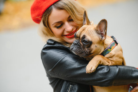 woman with dog walking in the parkの写真素材