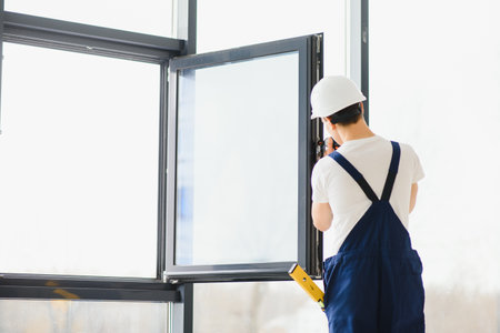 male industrial builder worker at window installation in building construction site
