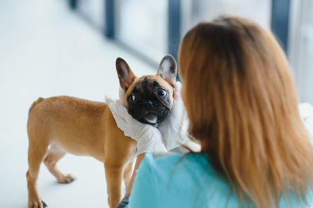 Happy veterinarian doctor hugs puppy in vet clinic. Empty space for textの写真素材